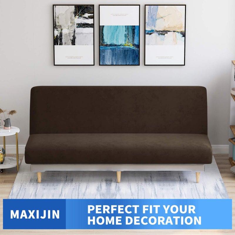 MAXIJIN Velvet Futon Cover Full Size Stretch Futon Mattress Cover Thick Soft Armless Sofa Bed Slipcover Plush Couch Furniture Protector with Elastic Bottom, Machine Washable (Dark Coffee) - Image 2